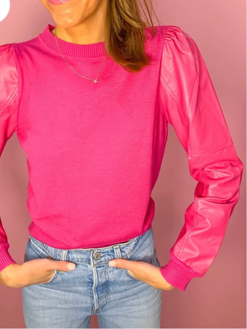 Peacock Pink Leather-Sleeve Sweater by &Merci - MED